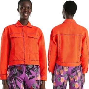 Desigual Denim Jacket Medium Orange Contrasting Trim Pockets Snap Closure Unique